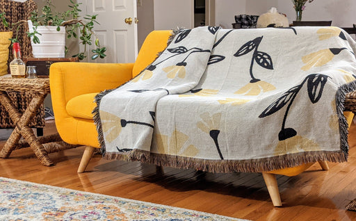 DaDa Bedding Yellow Fleur Botanical Sunshine Golden Floral Woven Tapestry Throw Blanket - 50” x 60” (18112) - DaDa Bedding Collection