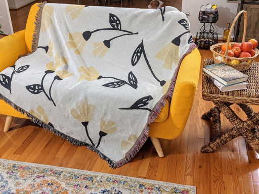 DaDa Bedding Yellow Fleur Botanical Sunshine Golden Floral Woven Tapestry Throw Blanket - 50” x 60” (18112) - DaDa Bedding Collection