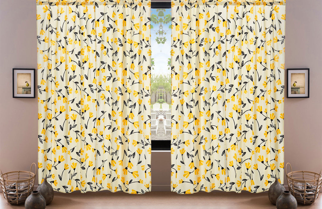 DaDa Bedding Set of 2 Botanical Floral Window Curtain Panels - Natural Semi Sheer Yellow Fleur Golden Orange Spring Time Tulips Straight Tailored Edge