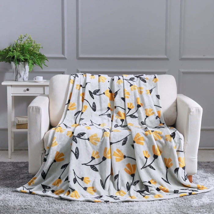 BLANKET - DaDa Bedding Soft Fleece Throw Blanket, Fresh Sunshine Yellow Fleur Floral Silver/Grey Background (XY1011) - DaDa Bedding Collection