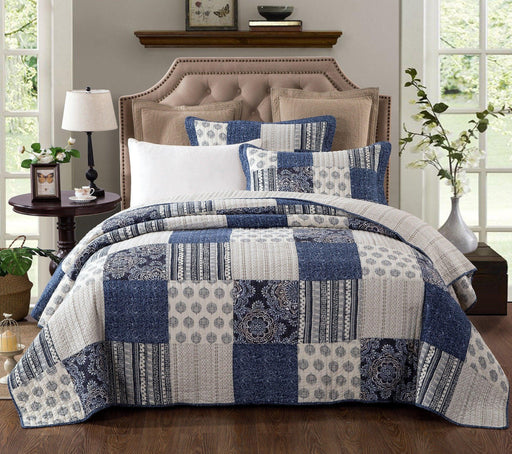 DaDa Bedding Bohemian Denim Blue Elegance Patchwork Cotton Bedspread Set (JHW-660) - DaDa Bedding Collection
