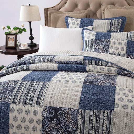 DaDa Bedding Bohemian Denim Blue Elegance Patchwork Cotton Bedspread Set (JHW-660) - DaDa Bedding Collection