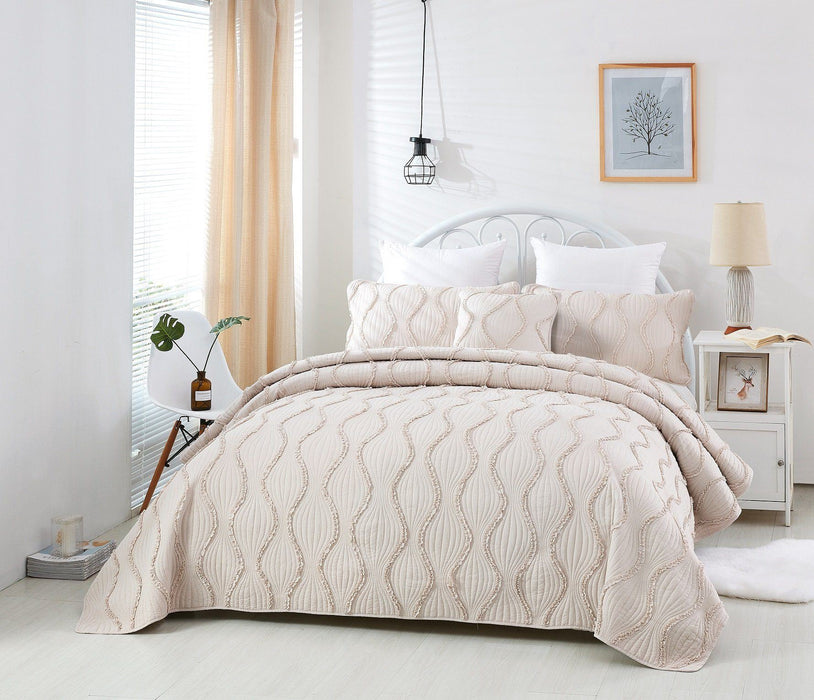 DaDa Bedding Soft Charming French Country Ruffles Quilted Cotton Bedspread Set - Ivory Cream Tan (JHW873) - DaDa Bedding Collection