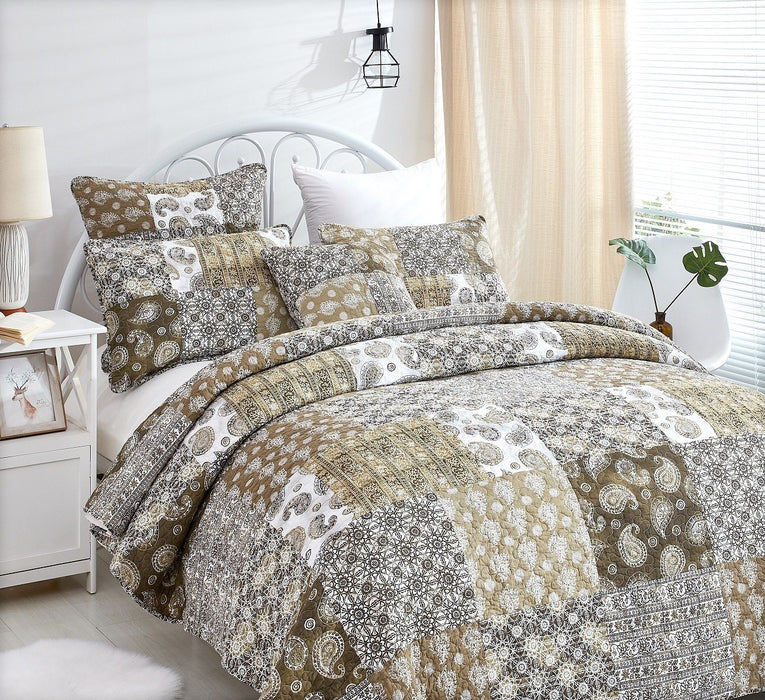 DaDa Bedding Bohemian Olive Brown Moroccan Paisley Floral Filigree Patchwork Cotton Bedspread Set (JHW-885) - DaDa Bedding Collection