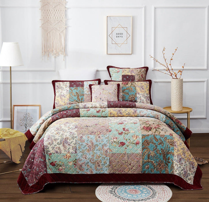 DaDa Bedding Bohemian Burgundy Red Velvet Trim Floral Paisley Patchwork Cotton Bedspread Set (JHW-868) - DaDa Bedding Collection