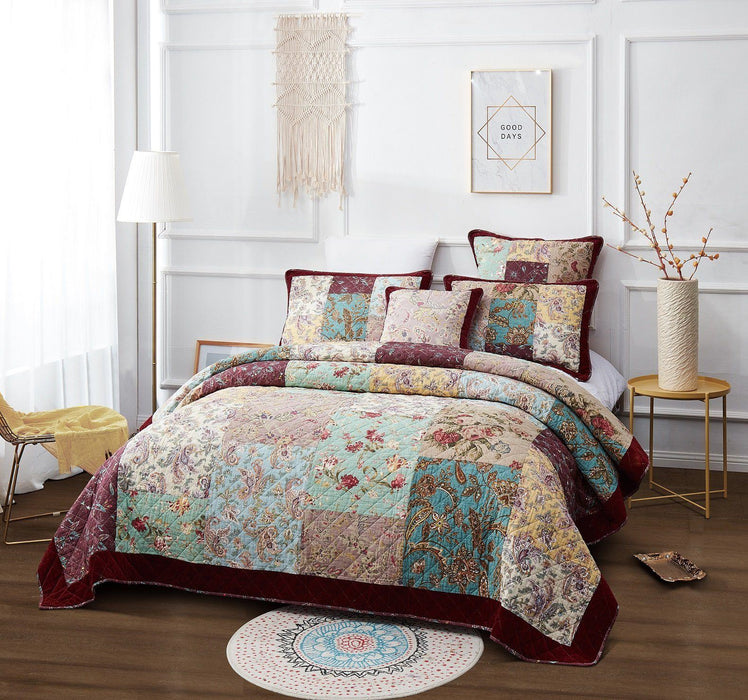 DaDa Bedding Bohemian Burgundy Red Velvet Trim Floral Paisley Patchwork Cotton Bedspread Set (JHW-868) - DaDa Bedding Collection