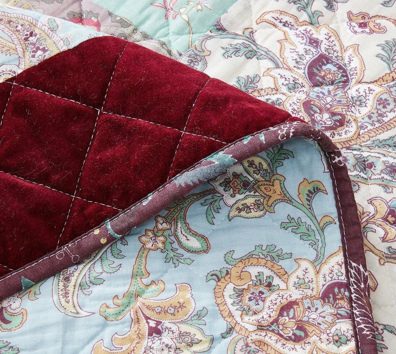 DaDa Bedding Bohemian Burgundy Red Velvet Trim Floral Paisley Patchwork Cotton Bedspread Set (JHW-868) - DaDa Bedding Collection