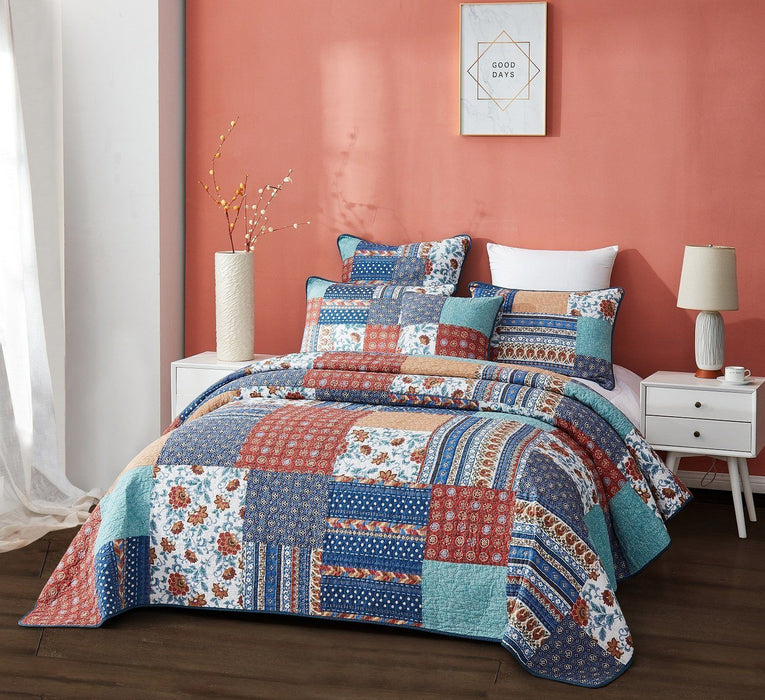 DaDa Bedding Bohemian Vibes Mediterranean Blue Floral Patchwork Quilted Bedspread Set  (JHW878) - DaDa Bedding Collection