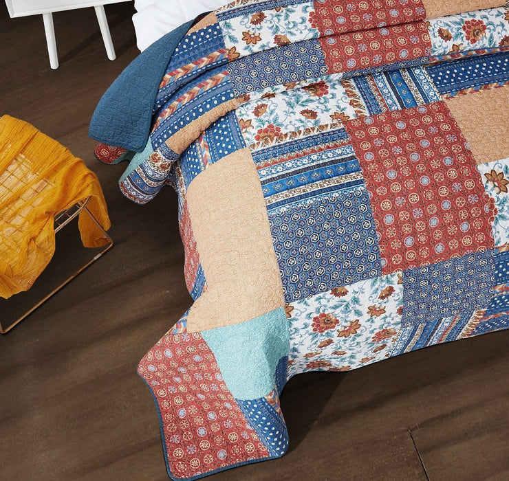 DaDa Bedding Bohemian Vibes Mediterranean Blue Floral Patchwork Quilted Bedspread Set  (JHW878) - DaDa Bedding Collection