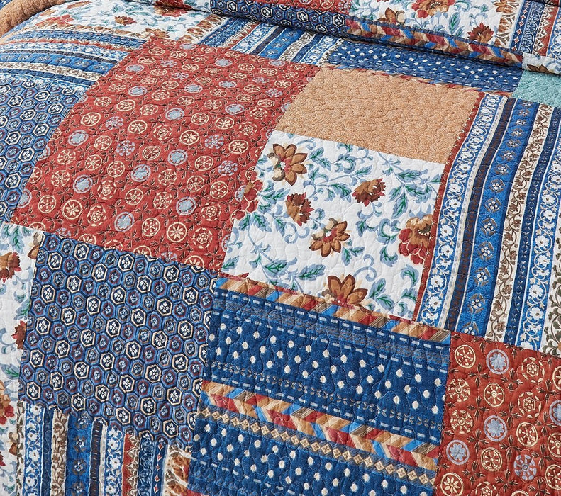 DaDa Bedding Bohemian Vibes Mediterranean Blue Floral Patchwork Quilted Bedspread Set  (JHW878) - DaDa Bedding Collection