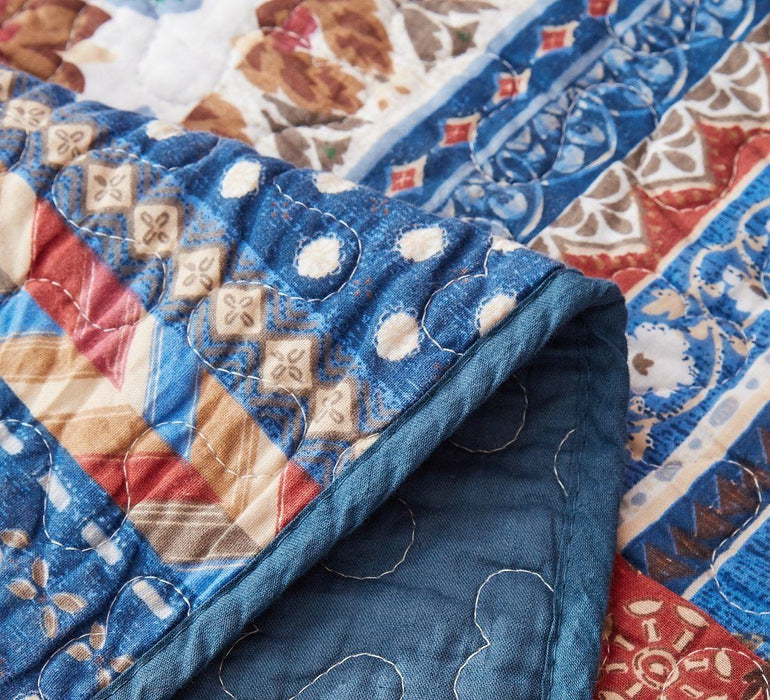 DaDa Bedding Bohemian Vibes Mediterranean Blue Floral Patchwork Quilted Bedspread Set  (JHW878) - DaDa Bedding Collection