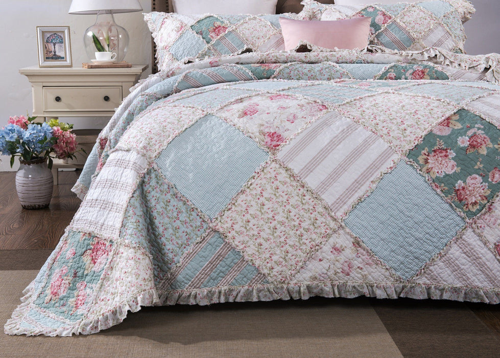 DaDa Bedding Hint of Mint Floral Pastel Cotton Patchwork Ruffle Bedspread Set (JHW-3036) - DaDa Bedding Collection