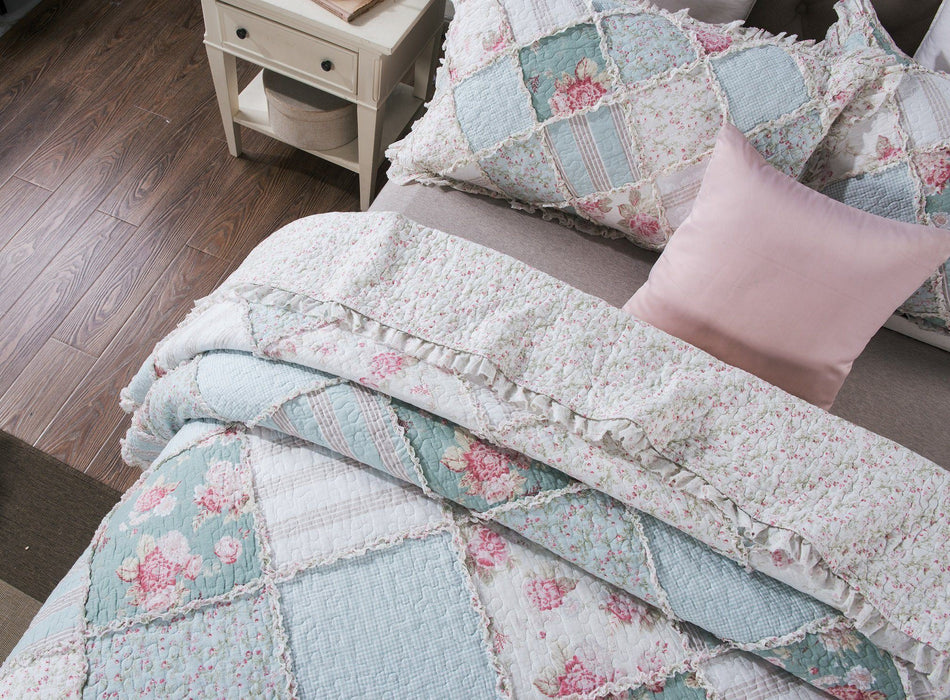 DaDa Bedding Hint of Mint Floral Pastel Cotton Patchwork Ruffle Bedspread Set (JHW-3036) - DaDa Bedding Collection