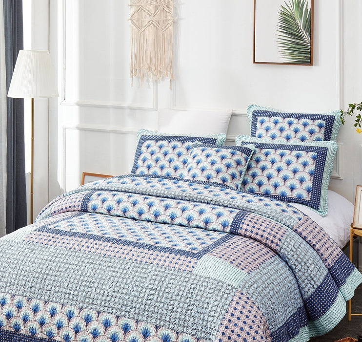 DaDa Bedding Mediterranean Blue Mint Green Patchwork Quilted Bedspread Set (JHW-884) - DaDa Bedding Collection