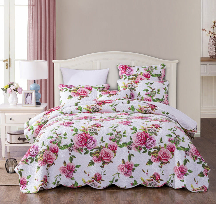 DaDa Bedding Romantic Roses Lovely Spring Pink Floral Quilted Scalloped Bedspread Set (JHW879) - DaDa Bedding Collection