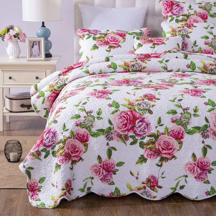 DaDa Bedding Romantic Roses Lovely Spring Pink Floral Quilted Scalloped Bedspread Set (JHW879) - DaDa Bedding Collection