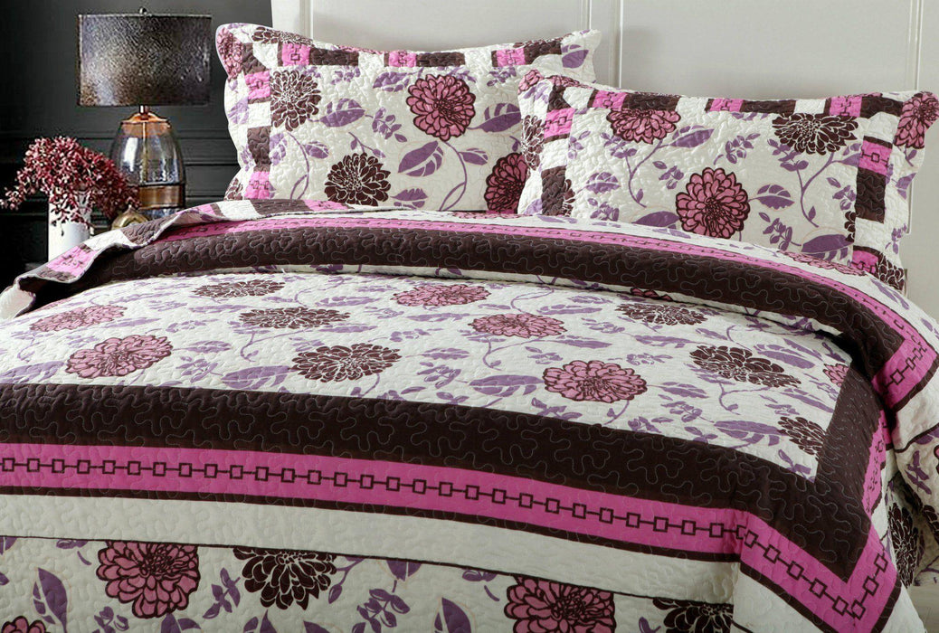 DaDa Bedding Bohemian Purple Blooms Floral Garden Pink Brown Bedspread Set (KBJ1629) - DaDa Bedding Collection