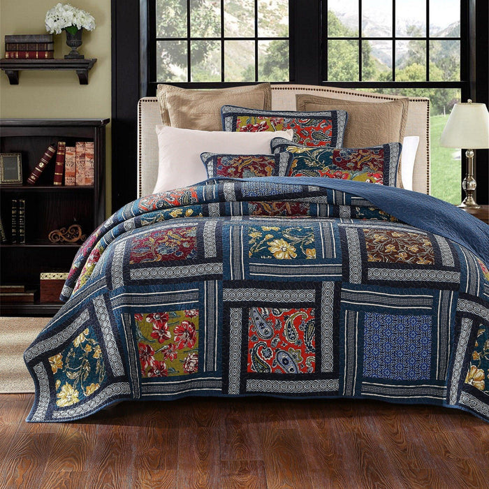 DaDa Bedding Bohemian Floral Midnight Ocean Blue Cotton Patchwork Bedspread Set (JHW-572) - DaDa Bedding Collection