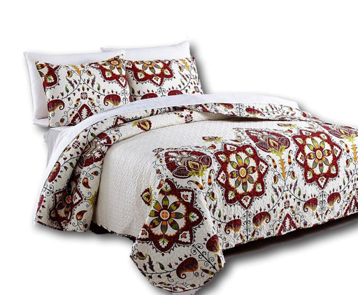 DaDa Bedding Casablanca Garden Mediterranean Floral Red & White Quilted Bedspread Set (HS-11130) - DaDa Bedding Collection