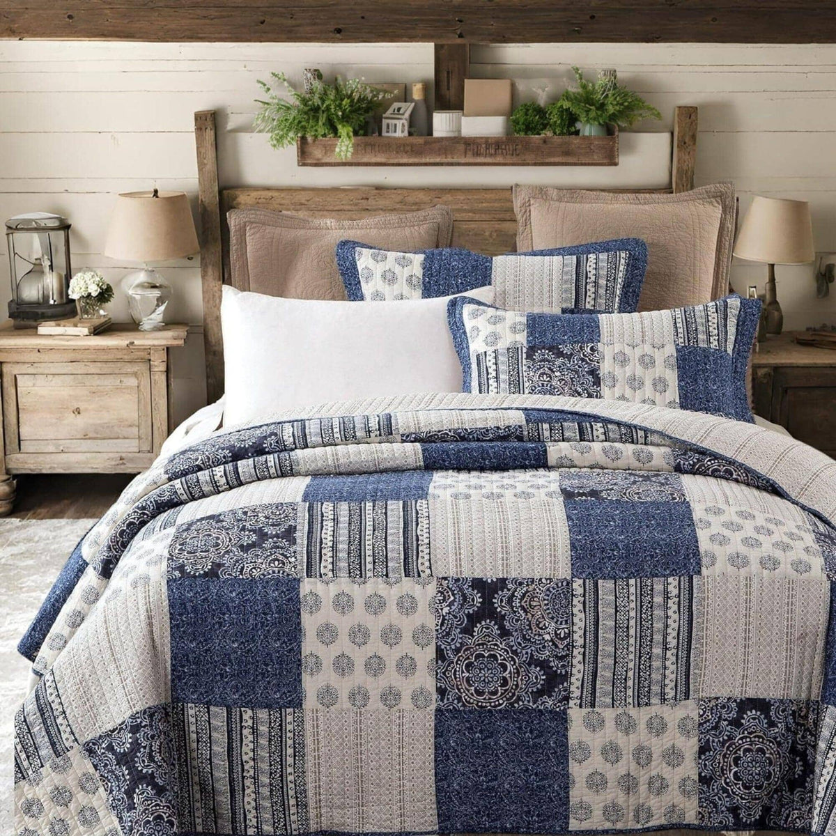 Denim blue cotton patchwork quilt