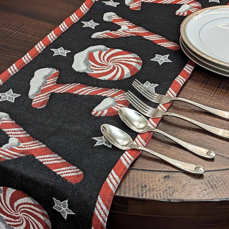 DaDa Bedding Peppermint Joy Red Black Holiday Tapestry Dining Table Runner (12904) - DaDa Bedding Collection