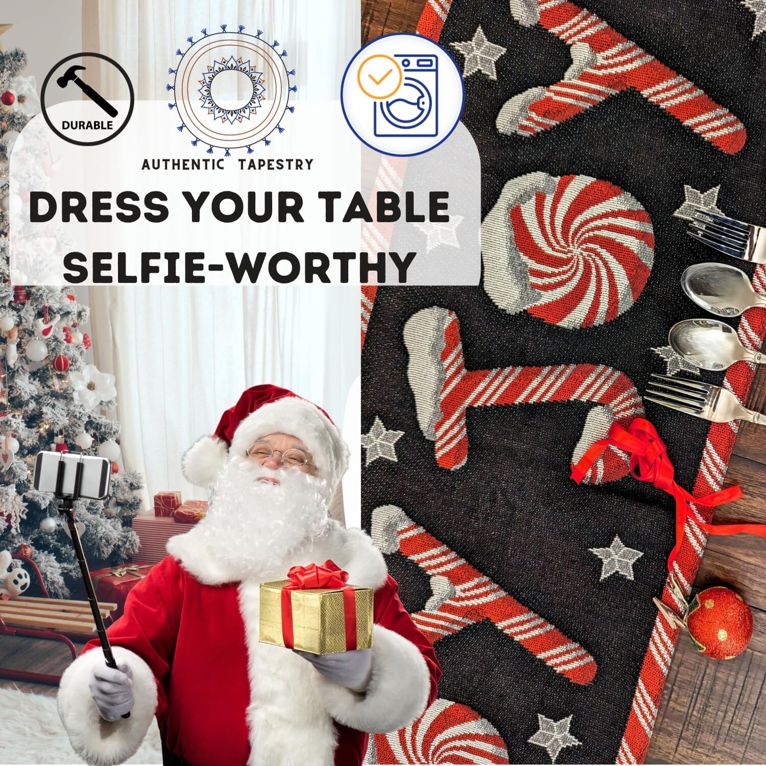 DaDa Bedding Peppermint Joy Red Black Holiday Tapestry Dining Table Runner (12904) - DaDa Bedding Collection