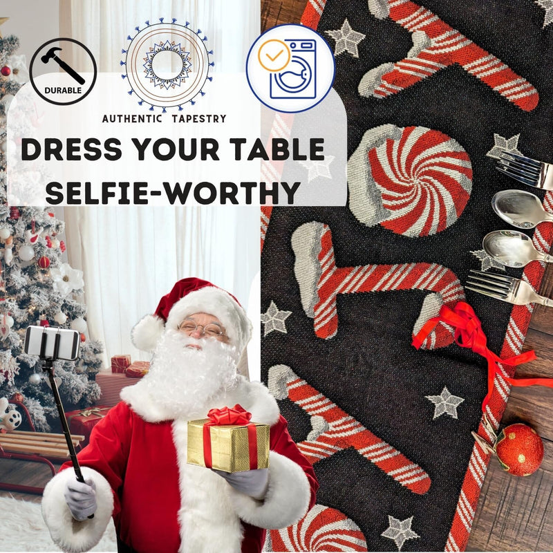 DaDa Bedding Peppermint Joy Red Black Holiday Tapestry Dining Table Runner (12904) - DaDa Bedding Collection