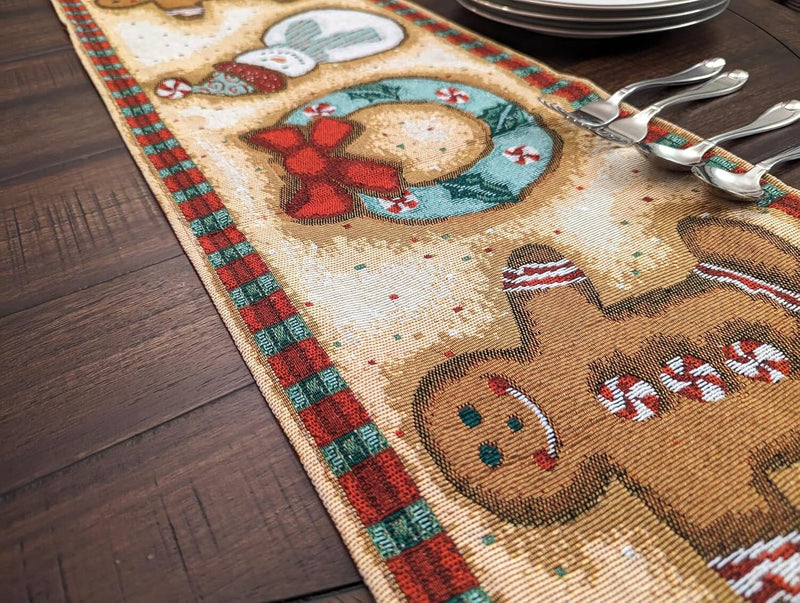 DaDa Bedding Gingerbread Snowman Holiday Woven Tapestry Dining Table Runner (12917) - DaDa Bedding Collection