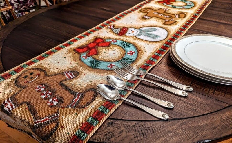 DaDa Bedding Gingerbread Snowman Holiday Woven Tapestry Dining Table Runner (12917) - DaDa Bedding Collection