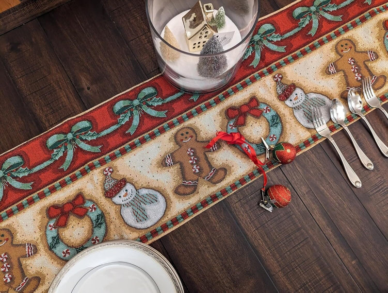 DaDa Bedding Gingerbread Snowman Holiday Woven Tapestry Dining Table Runner (12917) - DaDa Bedding Collection