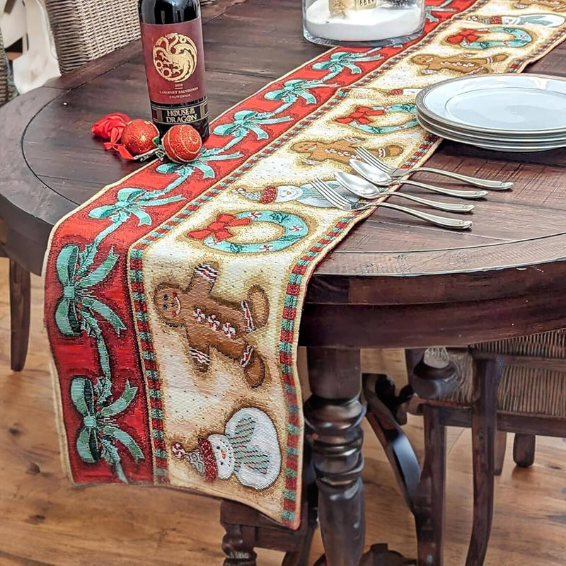 DaDa Bedding Gingerbread Snowman Holiday Woven Tapestry Dining Table Runner (12917) - DaDa Bedding Collection