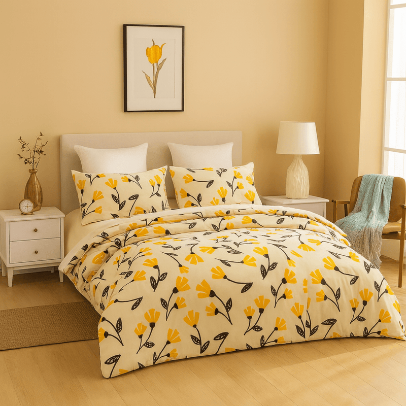 Bedroom with floral bedding, yellow tulips duvet cover reversible