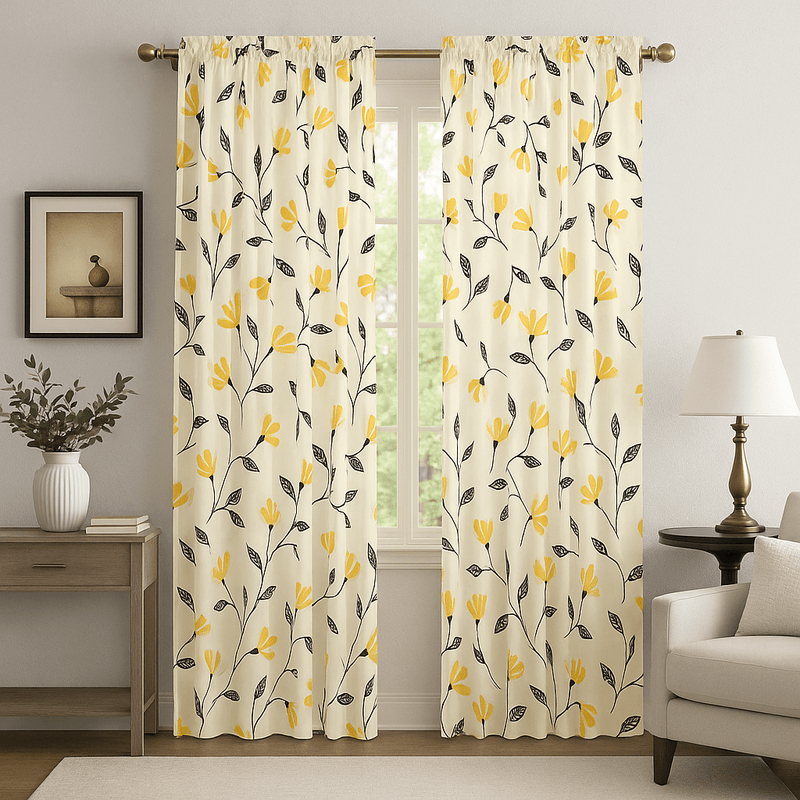 DaDa Bedding Set of 2 Botanical Floral Window Curtain Panels - Natural Semi Sheer Yellow Fleur Golden Orange Spring Time Tulips Straight Tailored Edge