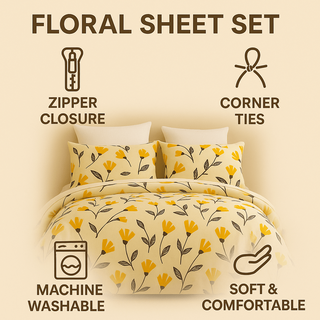 Floral duvet cover set  with features like zipper closure, corner ties, machine washability, and softness on a beige background.