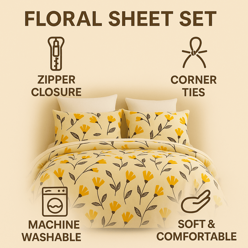 Floral duvet cover set  with features like zipper closure, corner ties, machine washability, and softness on a beige background.