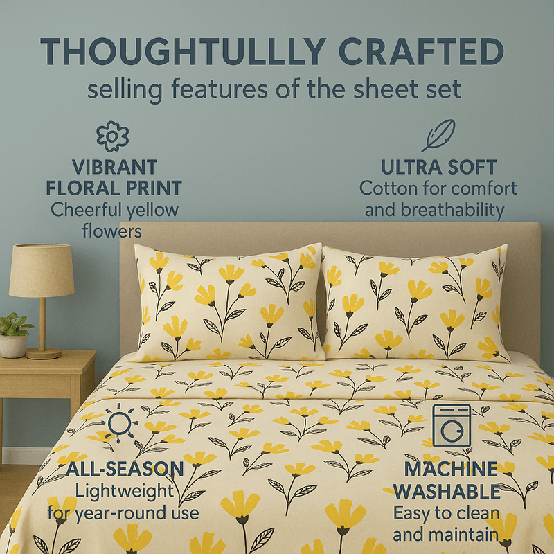 Floral sheet set with yellow flowers on a bed in a bedroom setting, featuring text about sheet set features.