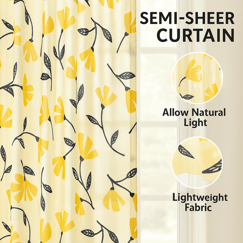 DaDa Bedding Set of 2 Botanical Floral Window Curtain Panels - Natural Semi Sheer Yellow Fleur Golden Orange Spring Time Tulips Straight Tailored Edge