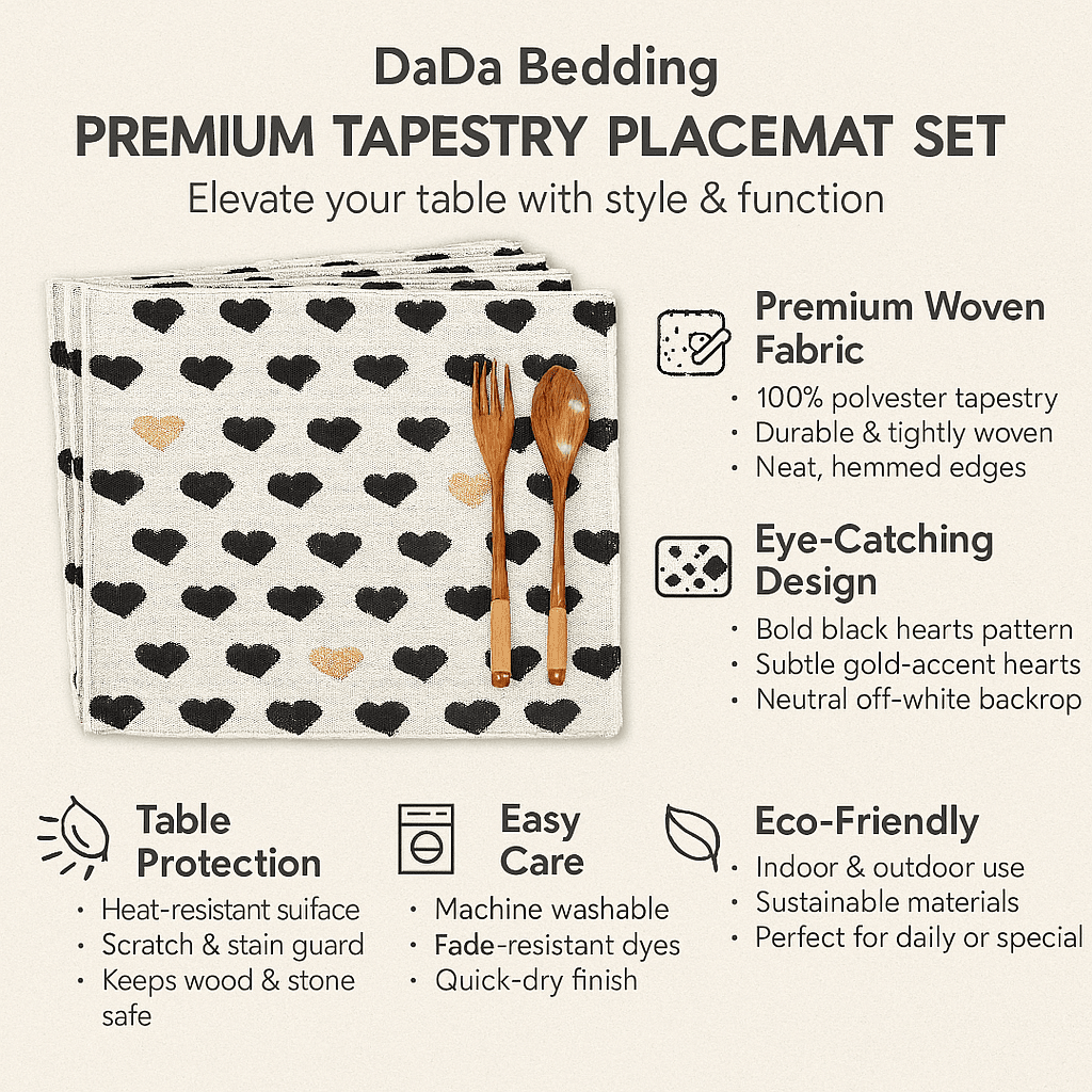 DaDa Bedding premium tapestry placemat set with heart pattern, cutlery, and feature highlights on a white background.