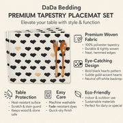 DaDa Bedding premium tapestry placemat set with heart pattern, cutlery, and feature highlights on a white background.