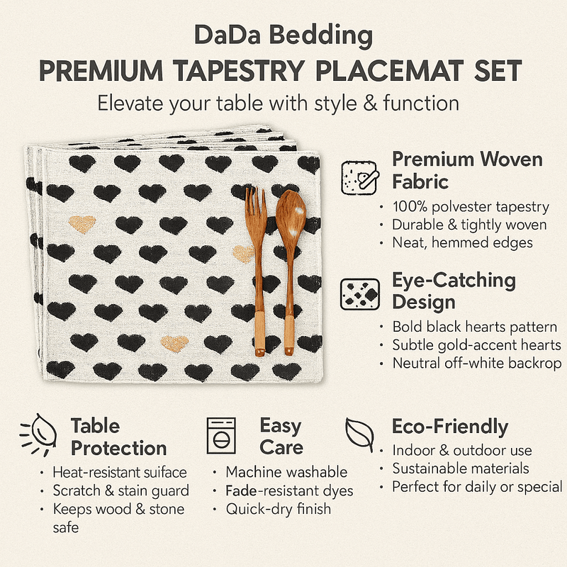 DaDa Bedding premium tapestry placemat set with heart pattern, cutlery, and feature highlights on a white background.