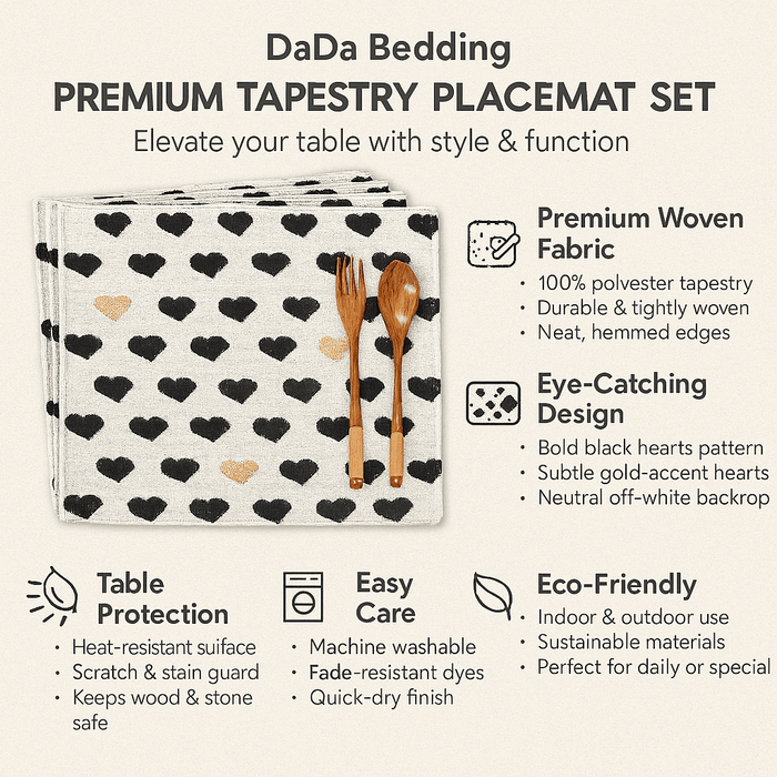 DaDa Bedding premium tapestry placemat set with heart pattern, cutlery, and feature highlights on a white background.