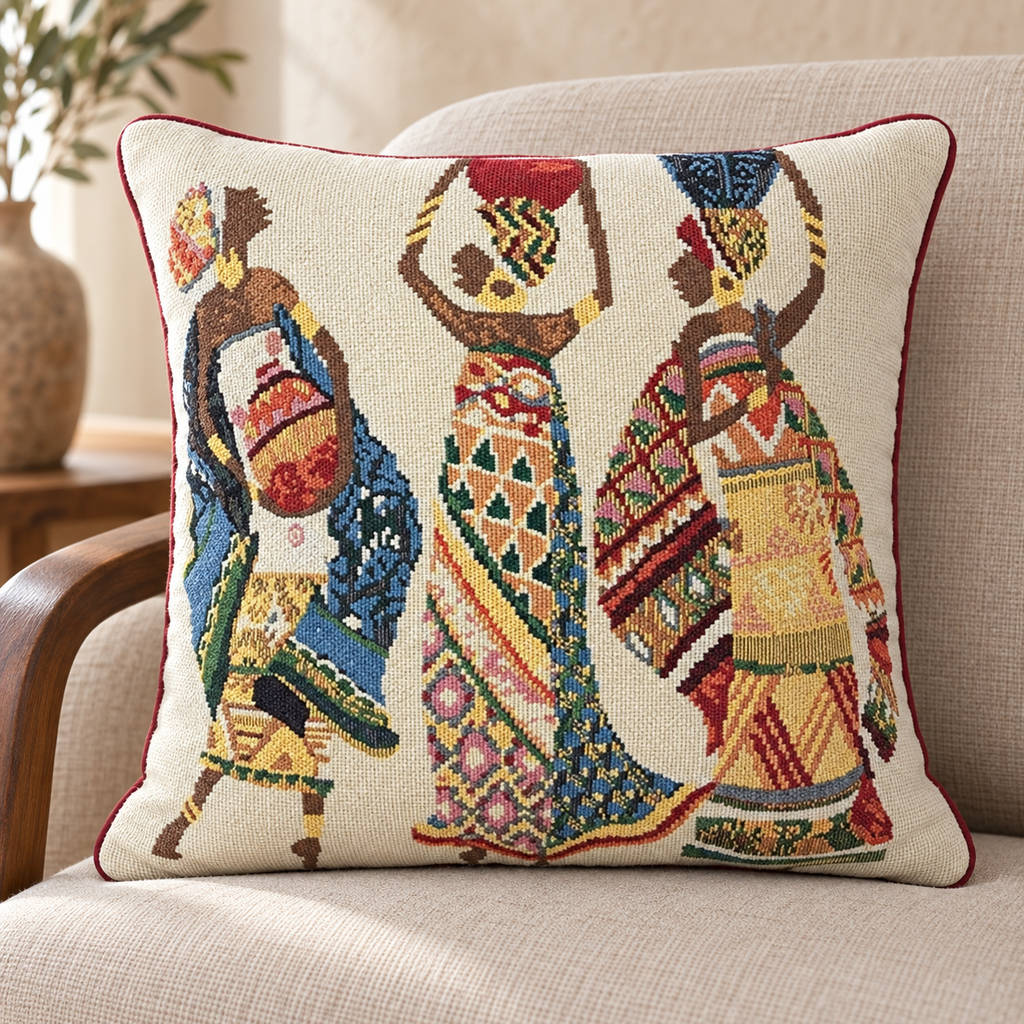 DaDa Bedding Dancing Women African Dreams Tapestry Throw Pillow Cover 16" x 16" featuring a woven tribal art design of three women in traditional vibrant attire against a neutral background.