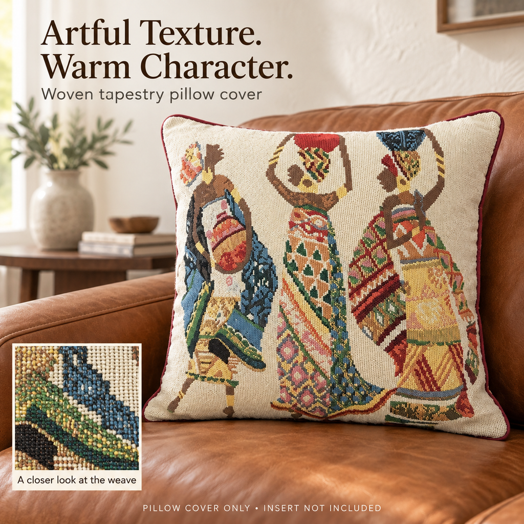 DaDa Bedding Dancing Women African Dreams woven tapestry throw pillow cover displayed on a leather couch, featuring three figures in colorful traditional attire with an inset showing a close-up of the fabric's weave texture.