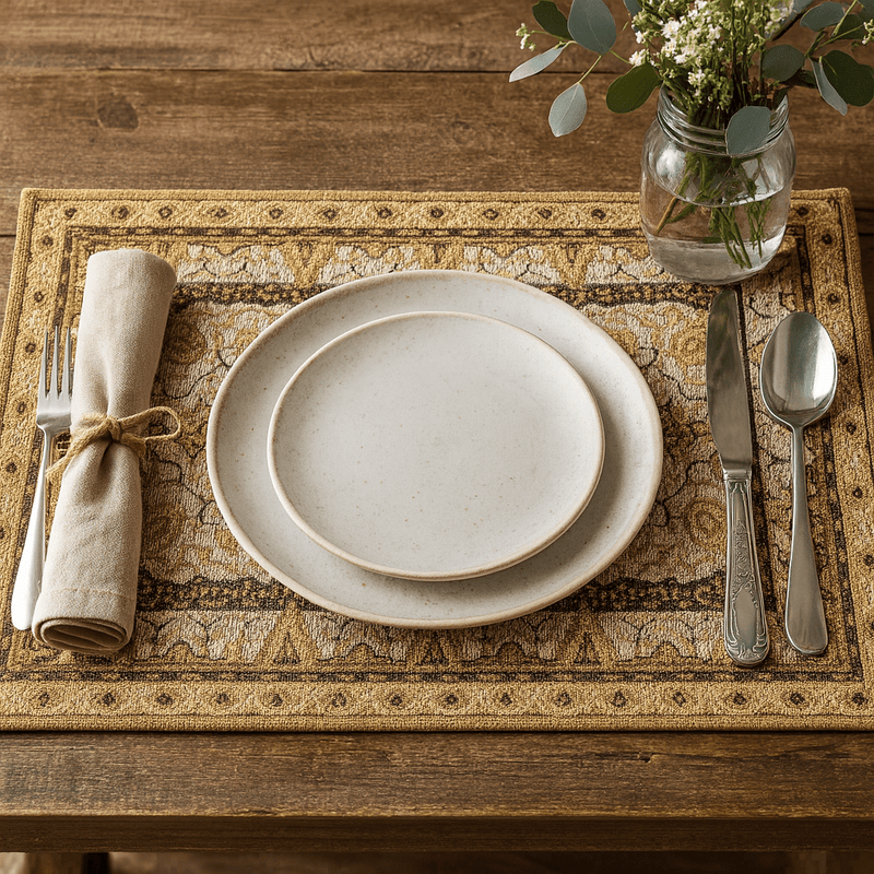 DaDa Bedding Set of 4-6 Pieces Royal Persian Style Rug Golden Brown Floral Tapestry Placemats 13” x 19” (18119)