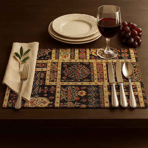 persian Dining table setting with a decorative placemat, wine glass, plates, cutlery, and grapes.