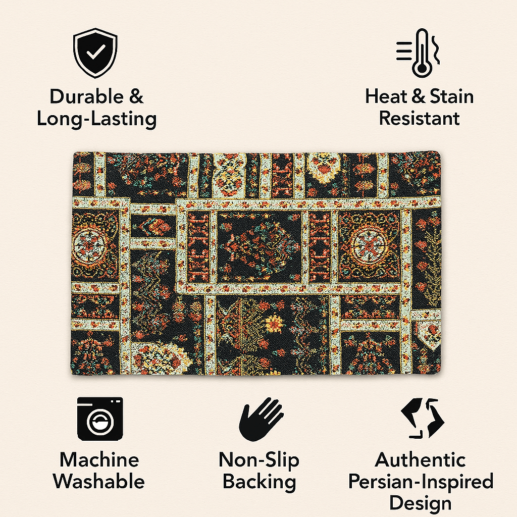 Decorative tapestry placemat set of 4 with durability and design features on a beige background