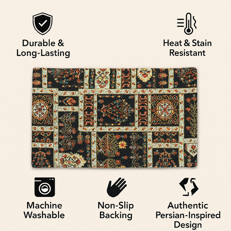 Decorative tapestry placemat set of 4 with durability and design features on a beige background