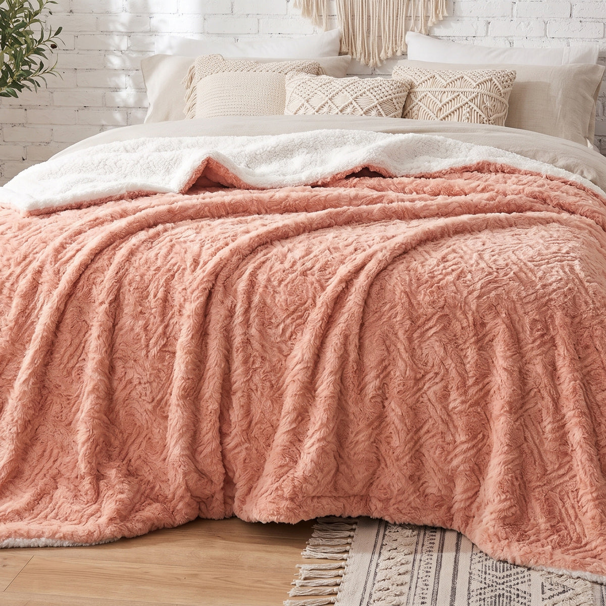 DaDa Bedding Coral Peach Rose Faux Fur Sherpa Throw Blanket