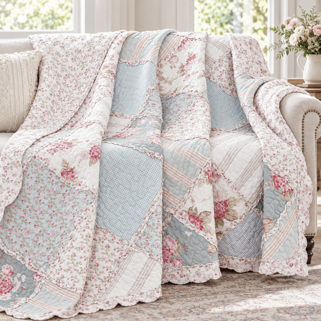 DaDa Bedding Cotton Cottage Floral Patchwork Quilted Throw Blanket - Reversible Hint of Mint - Ruffle Pastel Light Pink Blue/Green - 50 x 60