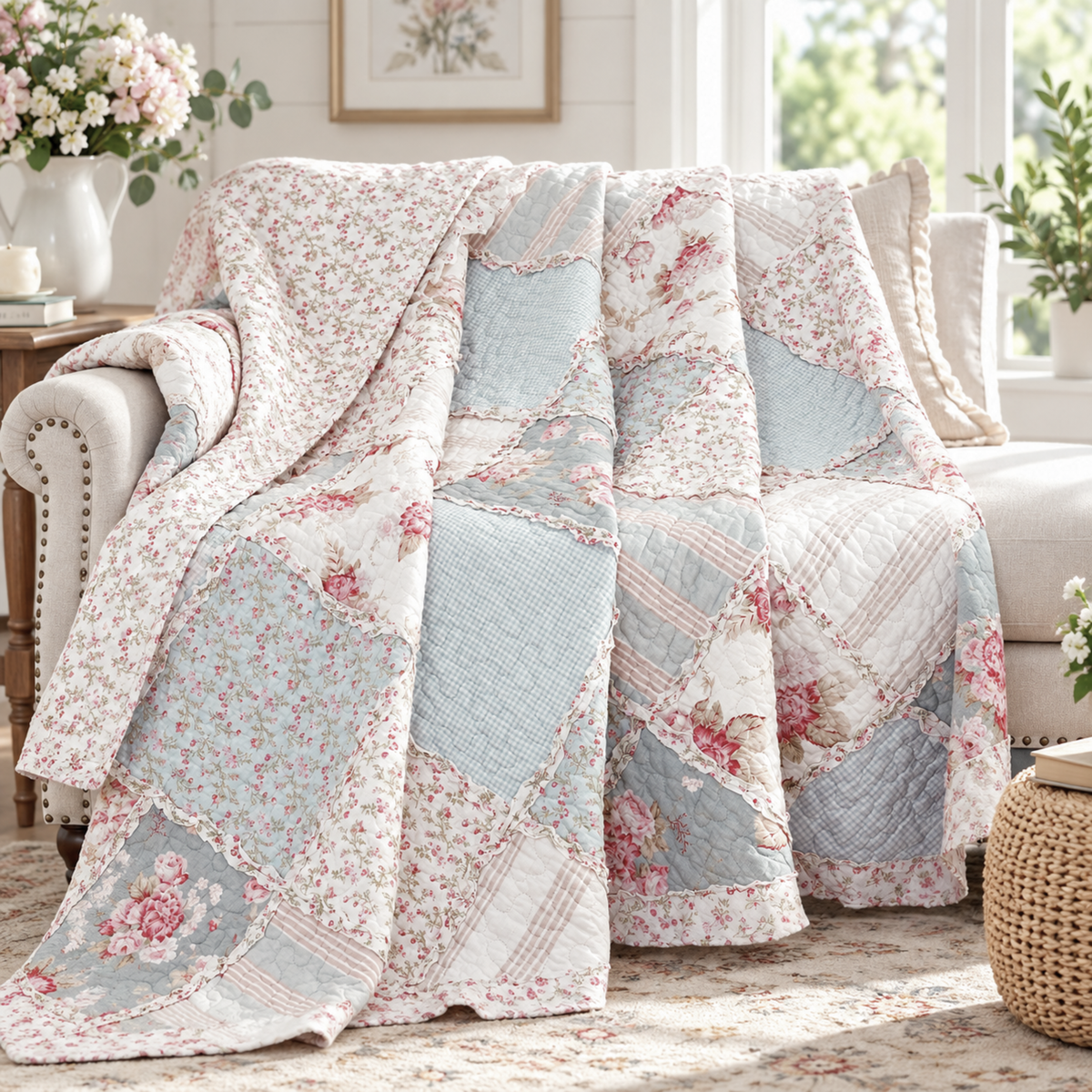 DaDa Bedding Cotton Cottage Floral Patchwork Quilted Throw Blanket - Reversible Hint of Mint - Ruffle Pastel Light Pink Blue/Green - 50 x 60